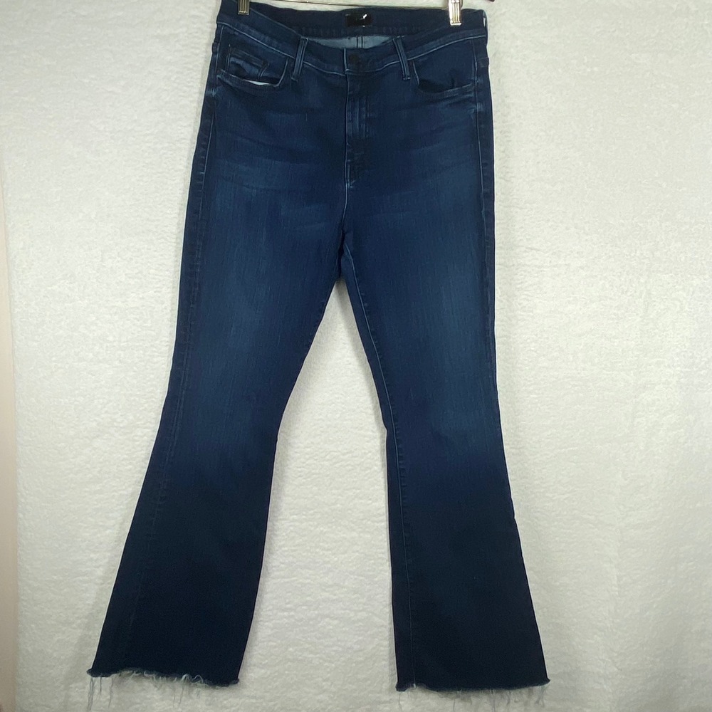 Mother The Weekender Fray Dark Wash Flare Jeans Size 33 High Rise Made in USA